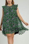 Umgee Full Size Smocked Detail Floral Metallic Ruffle Cap Sleeve Dress Plus Size - Hovatok