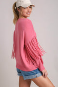 Umgee Full Size Fringe Round Neck Long Sleeve Sweater Plus Size - Hovatok