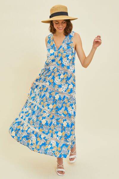 HEYSON Full Size Printed Crochet Trim Maxi Dress - Hovatok
