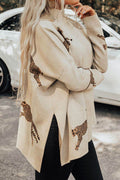 Animal Pattern Mock Neck Long Sleeve Slit Sweater - Hovatok