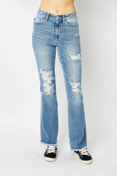 Judy Blue Full Size Distressed Raw Hem Bootcut Jeans - Hovatok