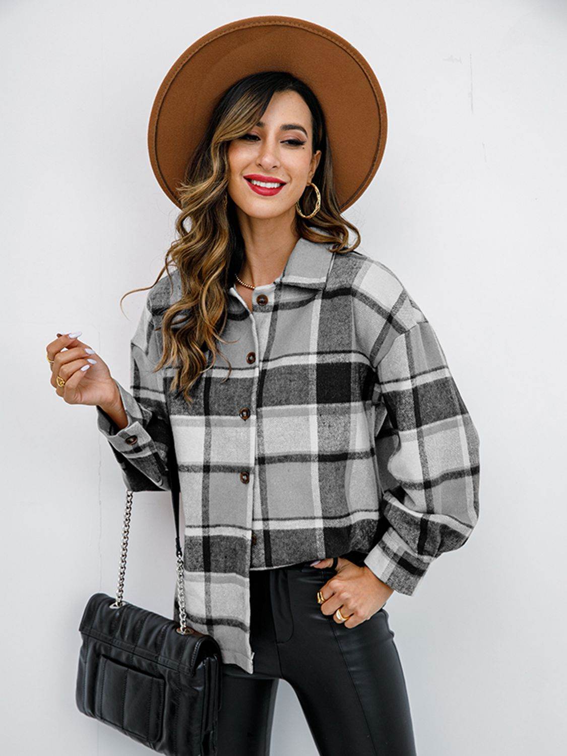 Shiny Plaid Button Up Collared Neck Jacket - Hovatok