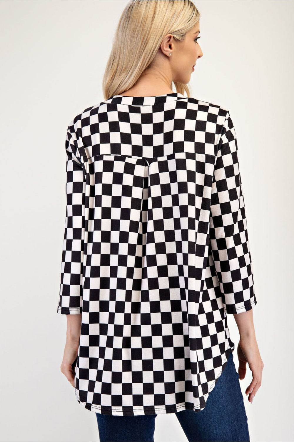 Celeste Full Size Curved Hem Checkered Notched Blouse - Hovatok