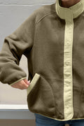 Double Take Snap Down Contrast Fleece Jacket with Pockets - Hovatok