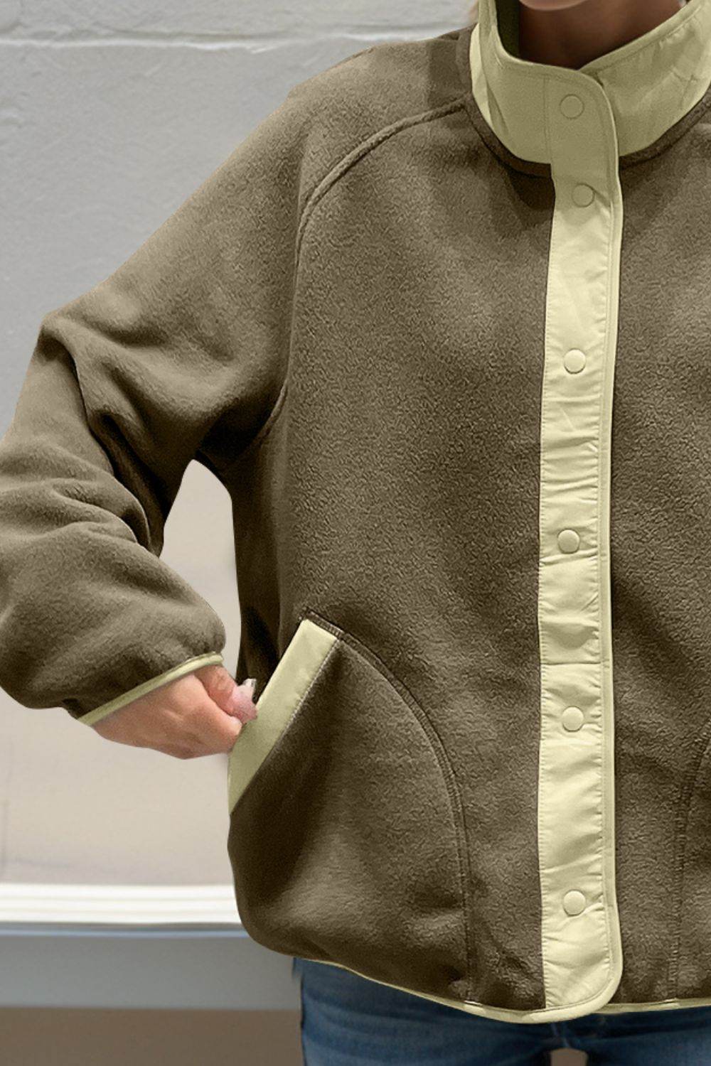 Double Take Snap Down Contrast Fleece Jacket with Pockets - Hovatok
