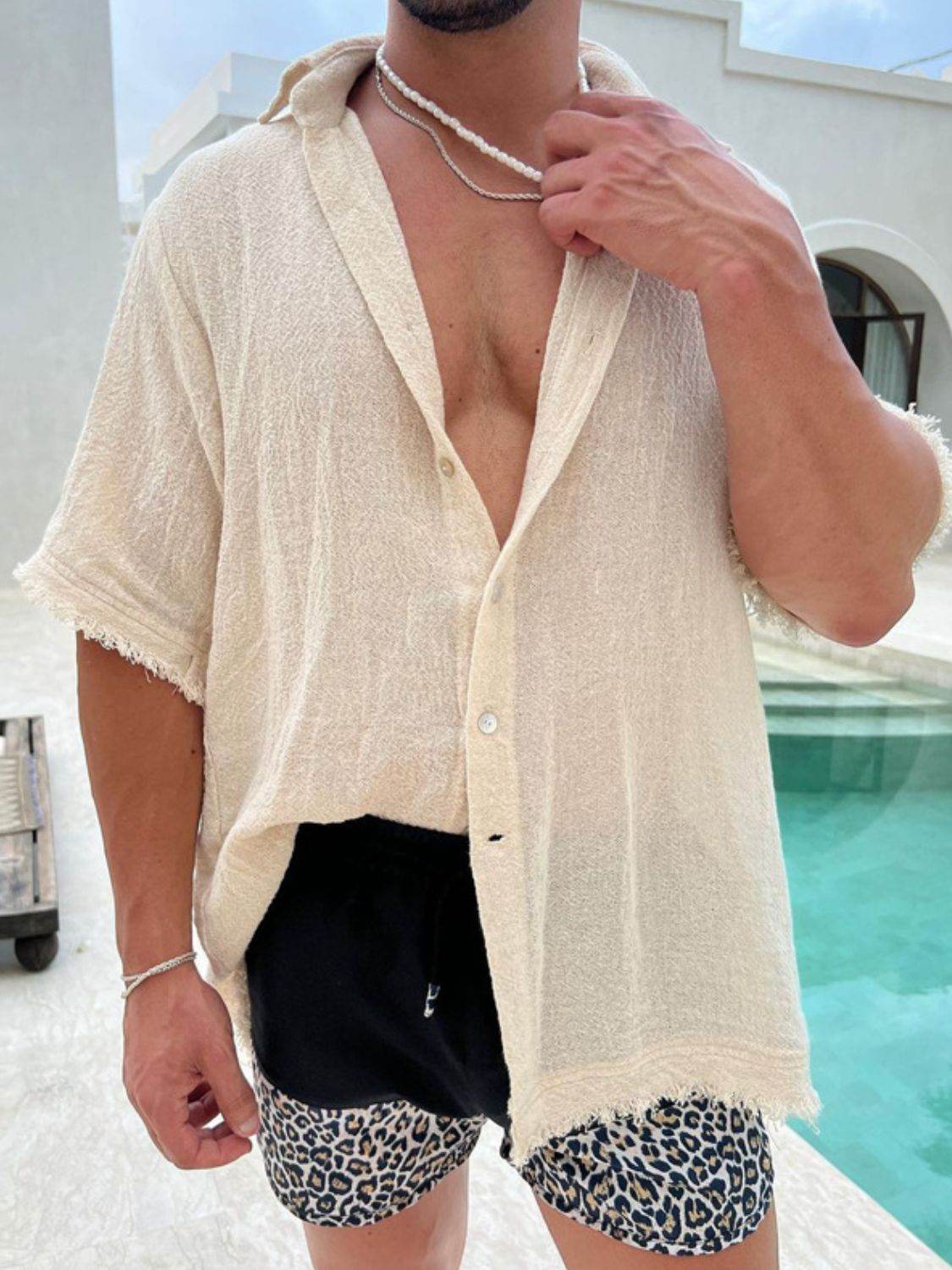 Men's Plus Size Raw Hem Button Down Collared Neck Shirt - Hovatok