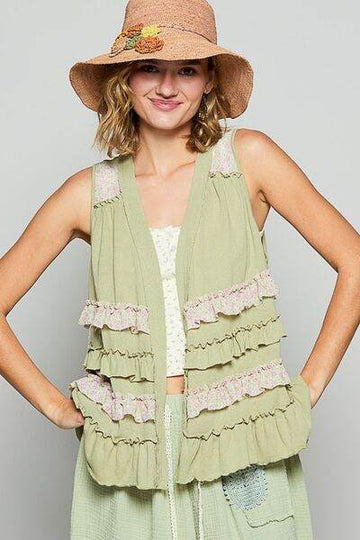 POL Ruffled Open Front Sleeveless Cardigan - Hovatok