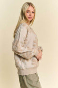 Davi & Dani Flower Texture Round Neck Dropped Shoulder Sweater - Hovatok