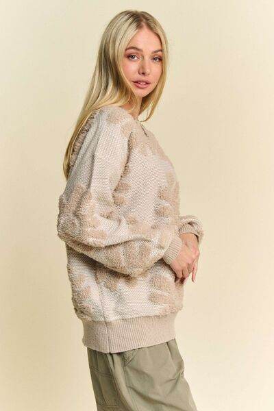 Davi & Dani Flower Texture Round Neck Dropped Shoulder Sweater - Hovatok