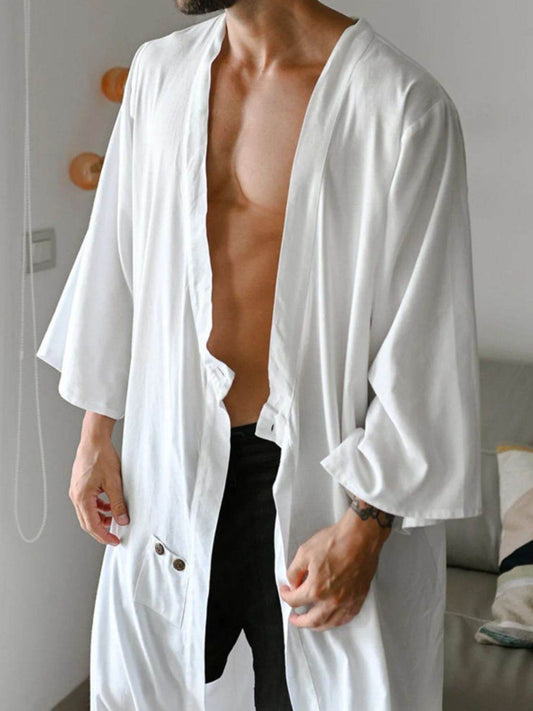 Men's Full Size Button Detail Long Sleeve Cover-Up Plus Size - Hovatok