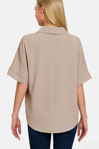 Zenana Texture Collared Neck Short Sleeve Top - Hovatok