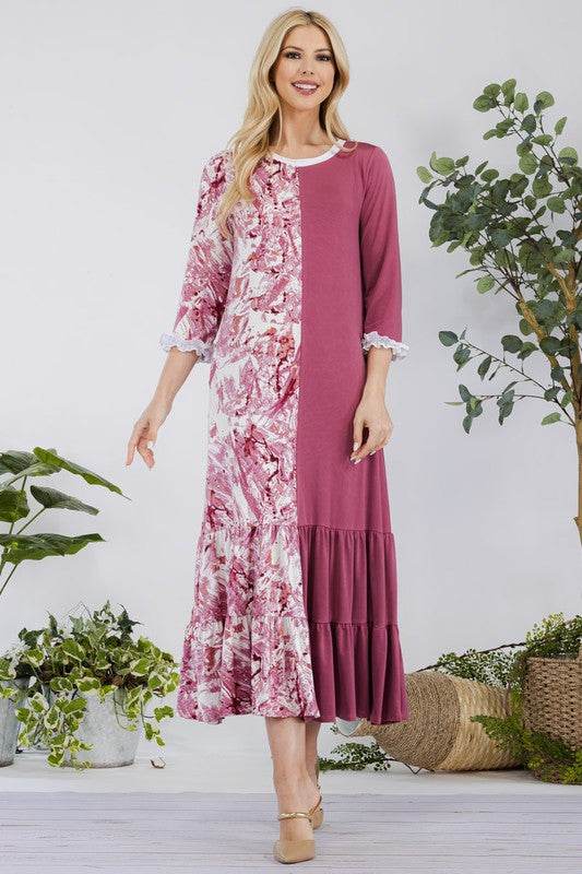 Celeste Full Size Contrast Tie Dye Ruffled Midi Dress Plus Size - Hovatok