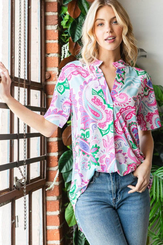 Heimish Full Size Paisley Print Short Sleeve Top - Hovatok