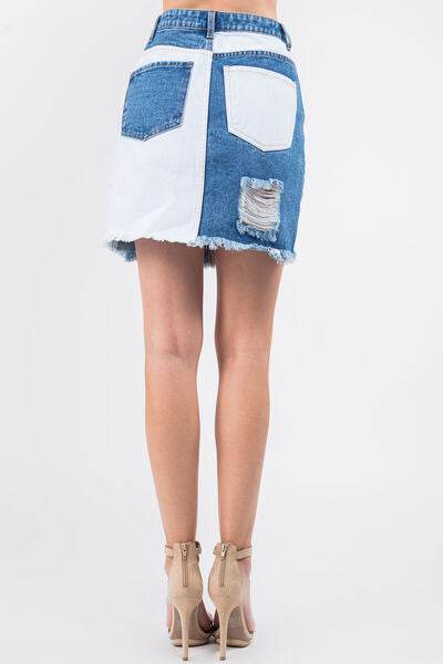 American Bazi Contrast Patched Frayed Denim Distressed Skirts - Hovatok