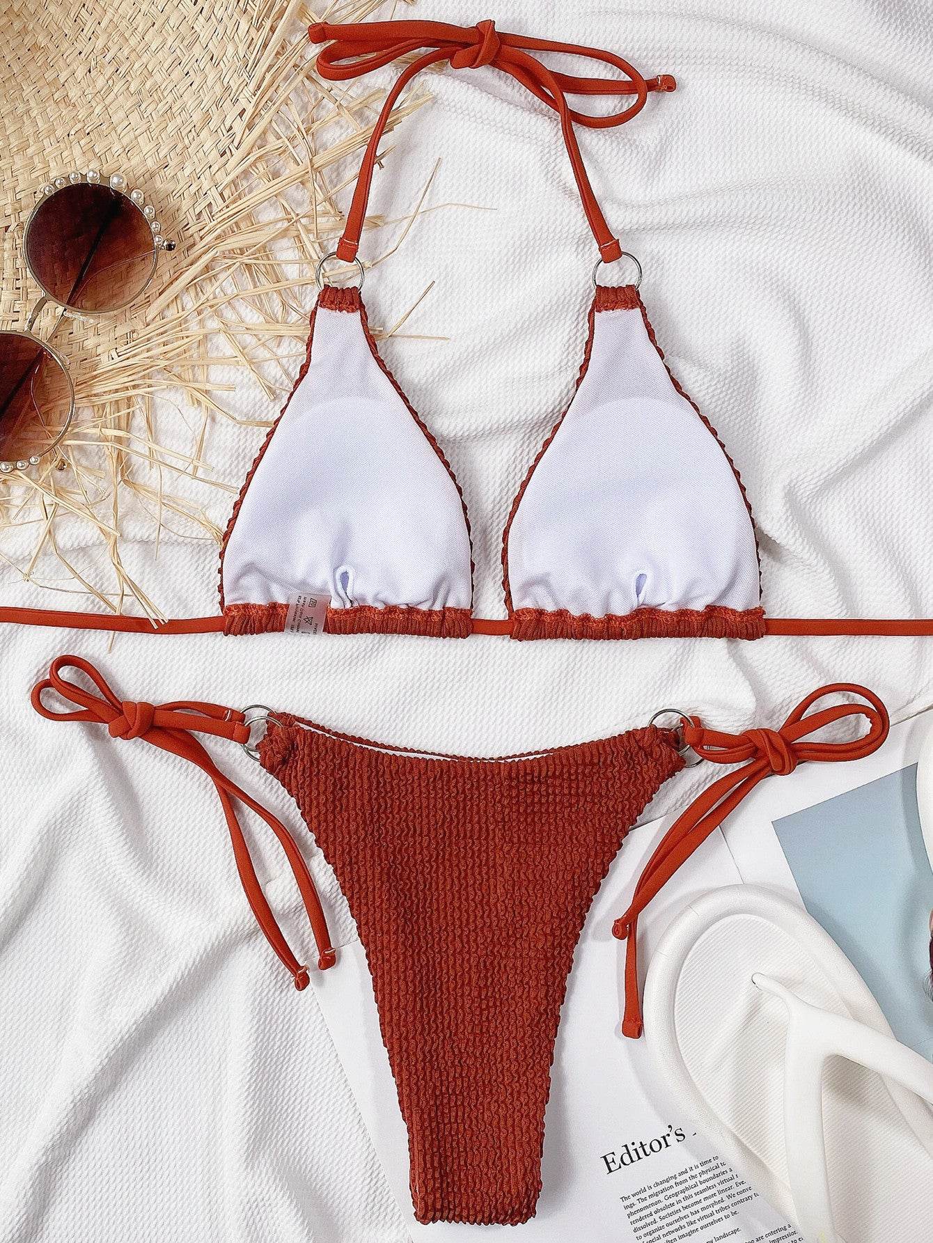 Textured Halter Neck Tie Side Bikini Set - Hovatok
