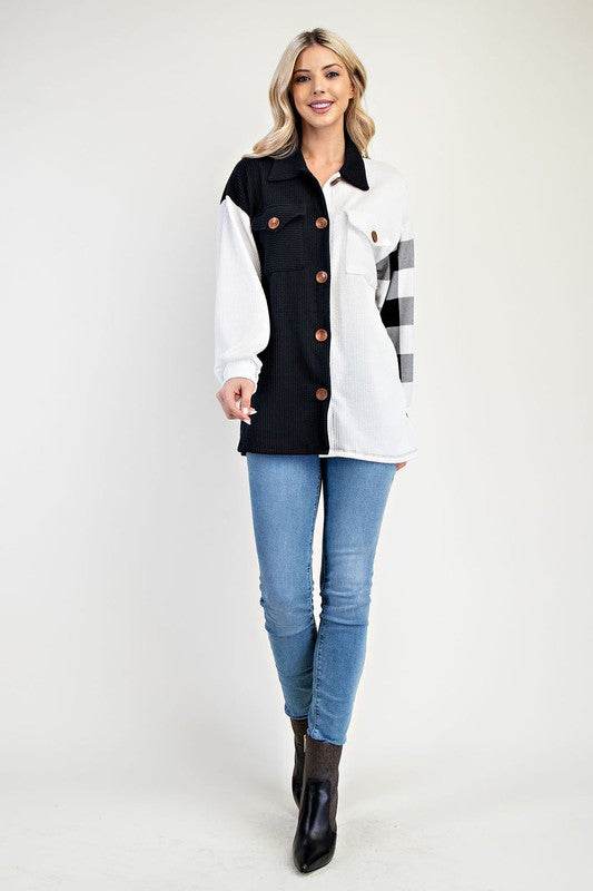 Celeste Full Size Plaid Contrast Button Up Shacket - Hovatok