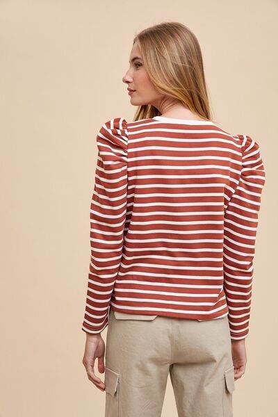 Annie Wear Striped Round Neck Puff Sleeve French Terry Top - Hovatok