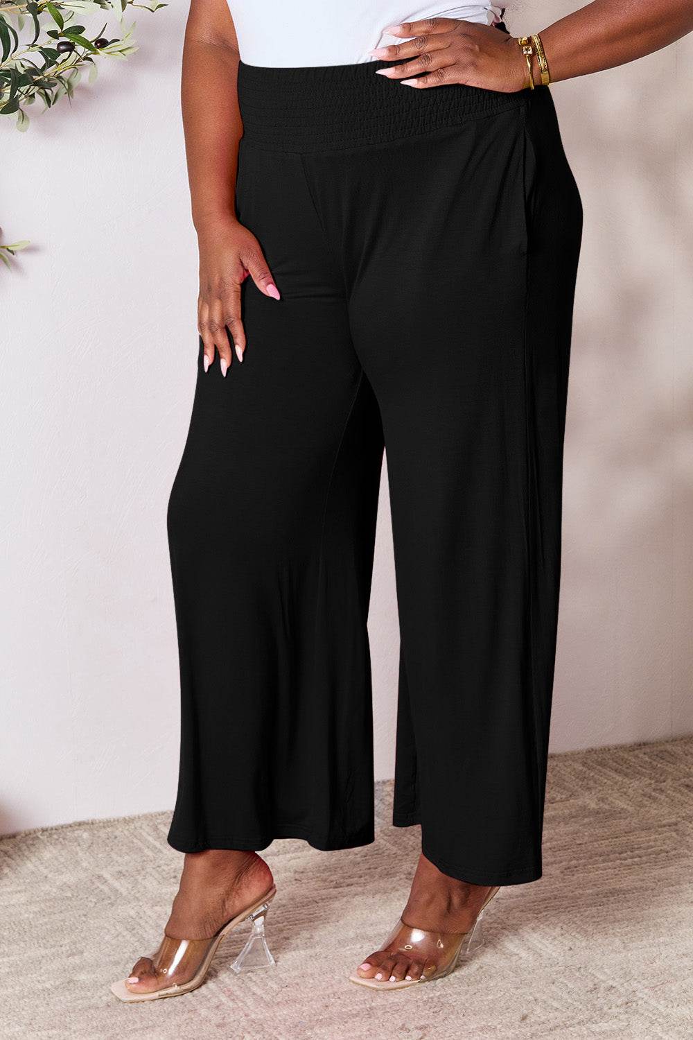 Basic Bae Full Size Smocked Wide Waistband Wide Leg Pants - Hovatok
