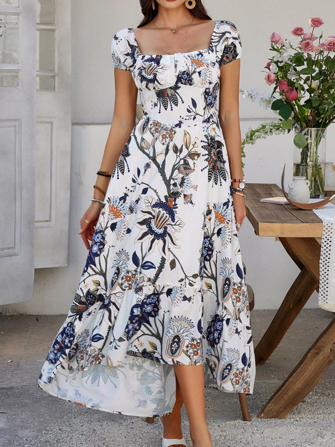 Devine Smocked Printed Short Sleeve Maxi Dress - Hovatok