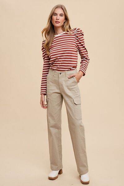 Annie Wear Striped Round Neck Puff Sleeve French Terry Top - Hovatok