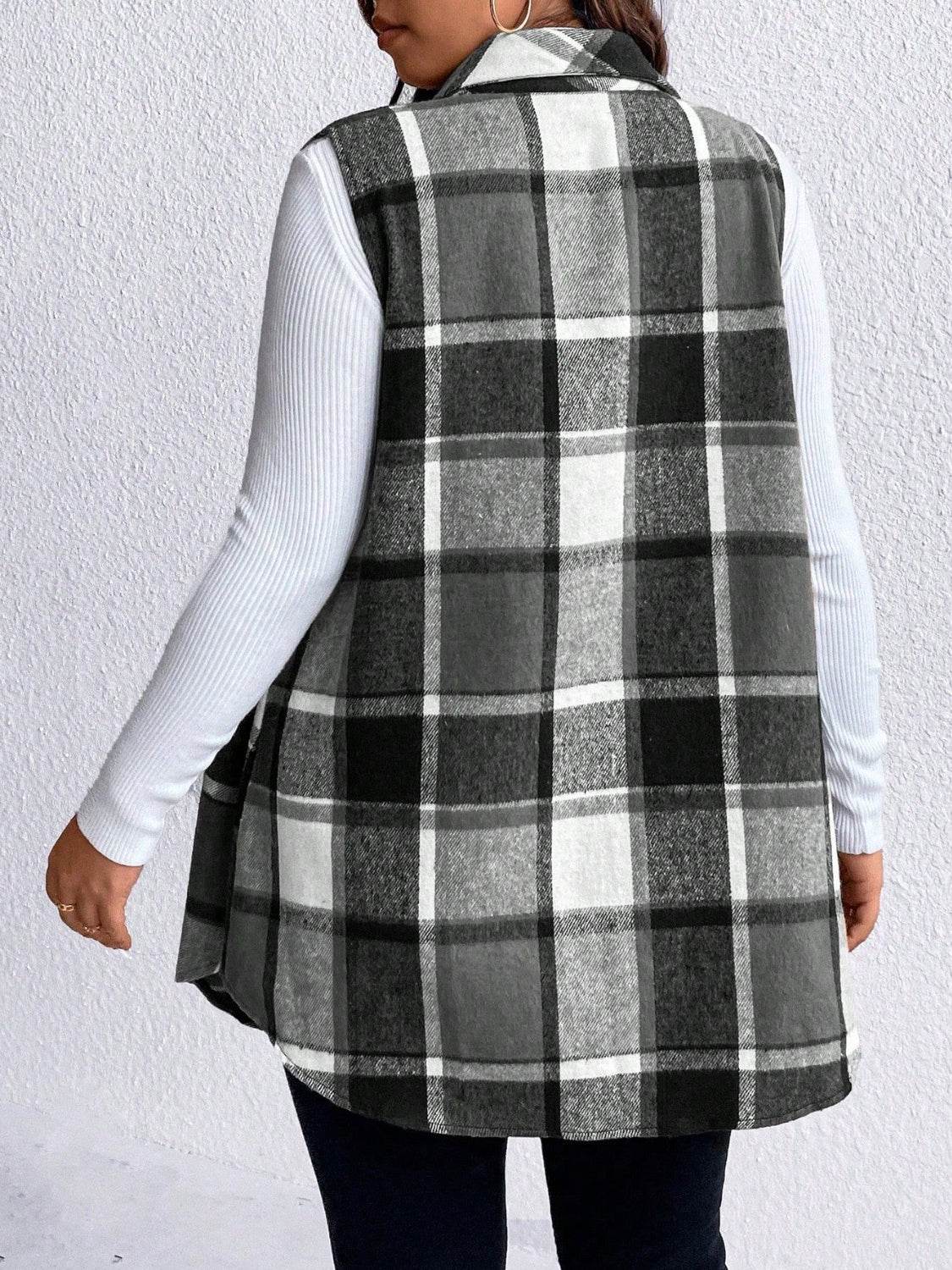 Honey Plus Size Pocketed Plaid Button Up Vest Coat - Hovatok