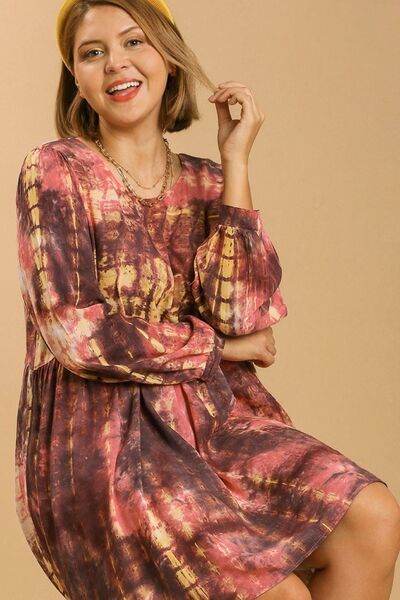 Umgee Full Size Tie Dye Long Sleeve Babydoll Dress with Keyhole Plus Size - Hovatok