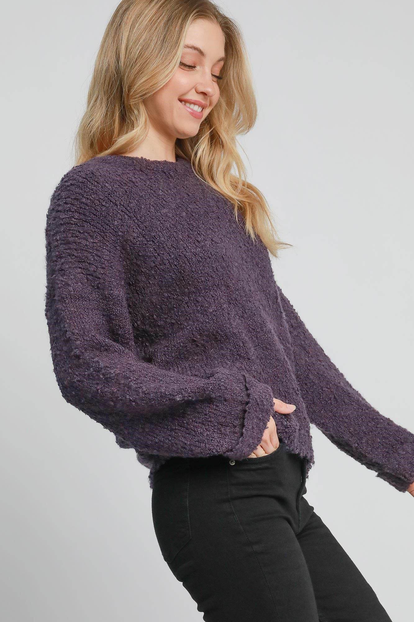 Umgee Full Size Round Neck Long Sleeve Boucle Sweater Plus Size - Hovatok