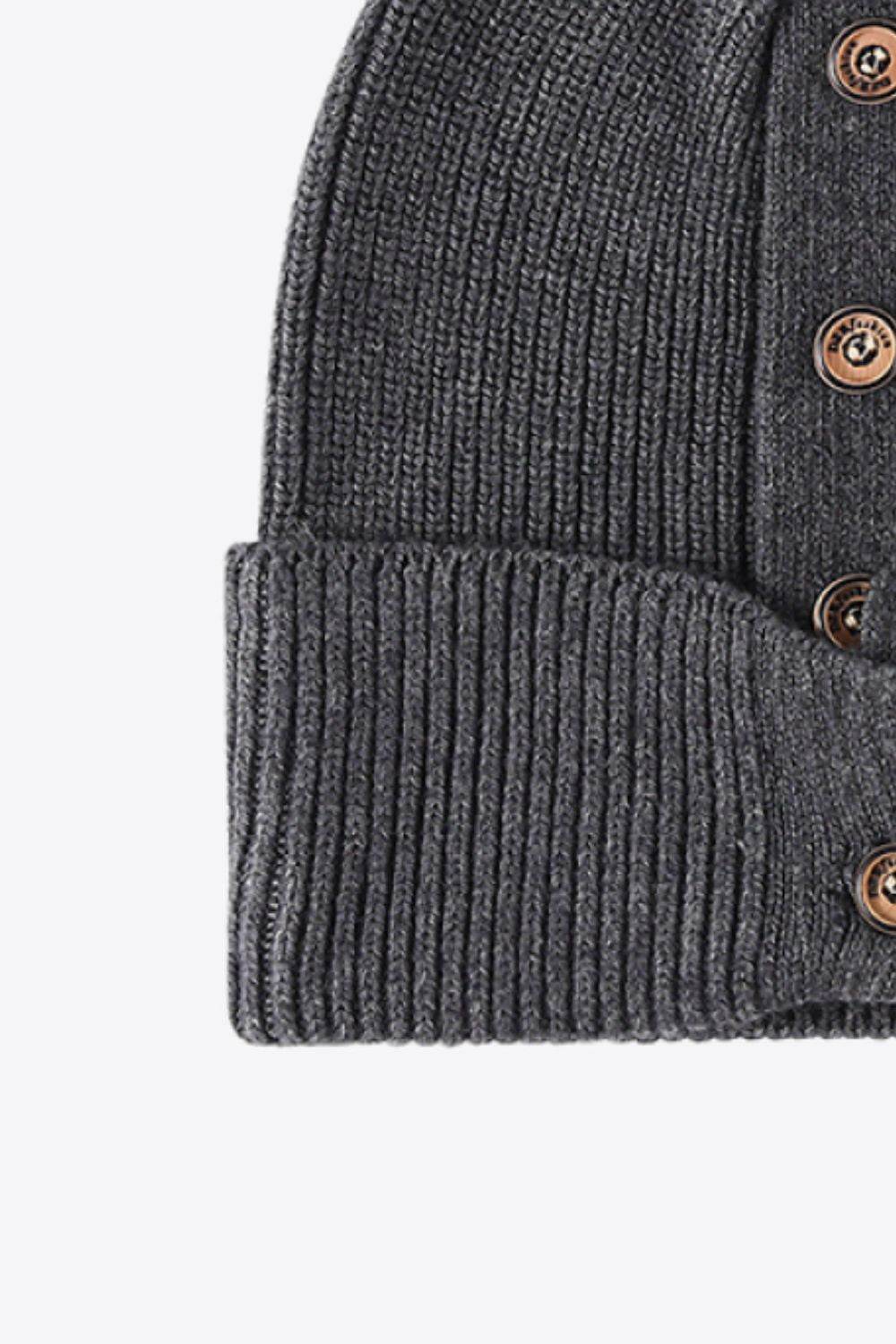 Button Detail Rib-Knit Cuff Beanie - Hovatok