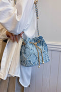 Chain Drawstring Raw Edge Denim Bucket Bag - Hovatok