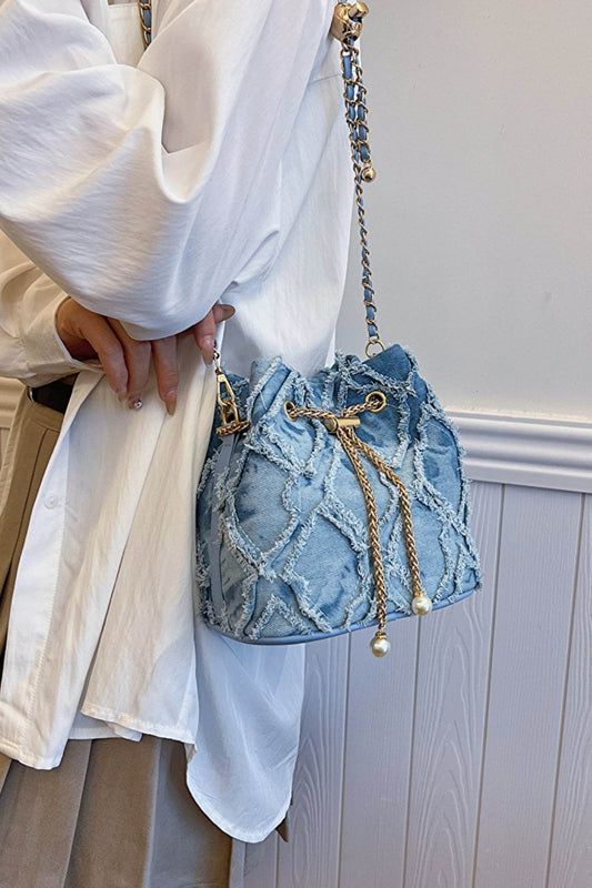 Chain Drawstring Raw Edge Denim Bucket Bag - Hovatok