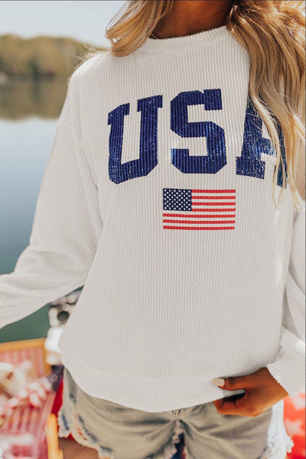 US Flag Corded Long Sleeve Sweatshirt - Hovatok