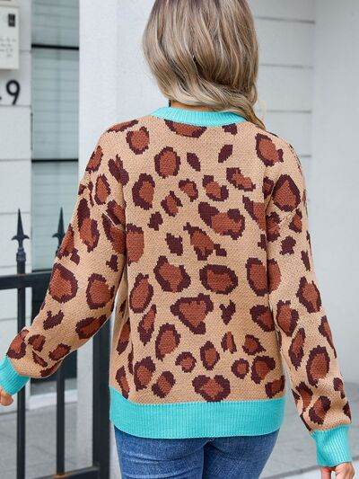 Angel Wings Leopard Round Neck Long Sleeve Sweater - Hovatok