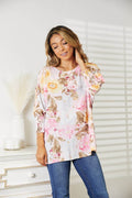 Double Take Floral Round Neck Three-Quarter Sleeve Top - Hovatok