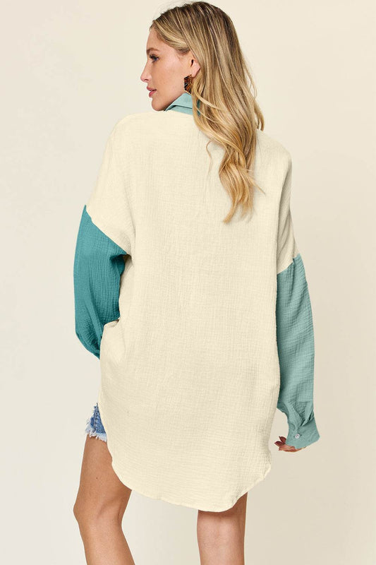 Double Take Full Size Pocketed Texture Button Up Shirt - Hovatok