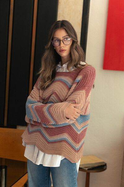 Annie Wear Multi Color Zig-Zag Round Neck Sweater - Hovatok