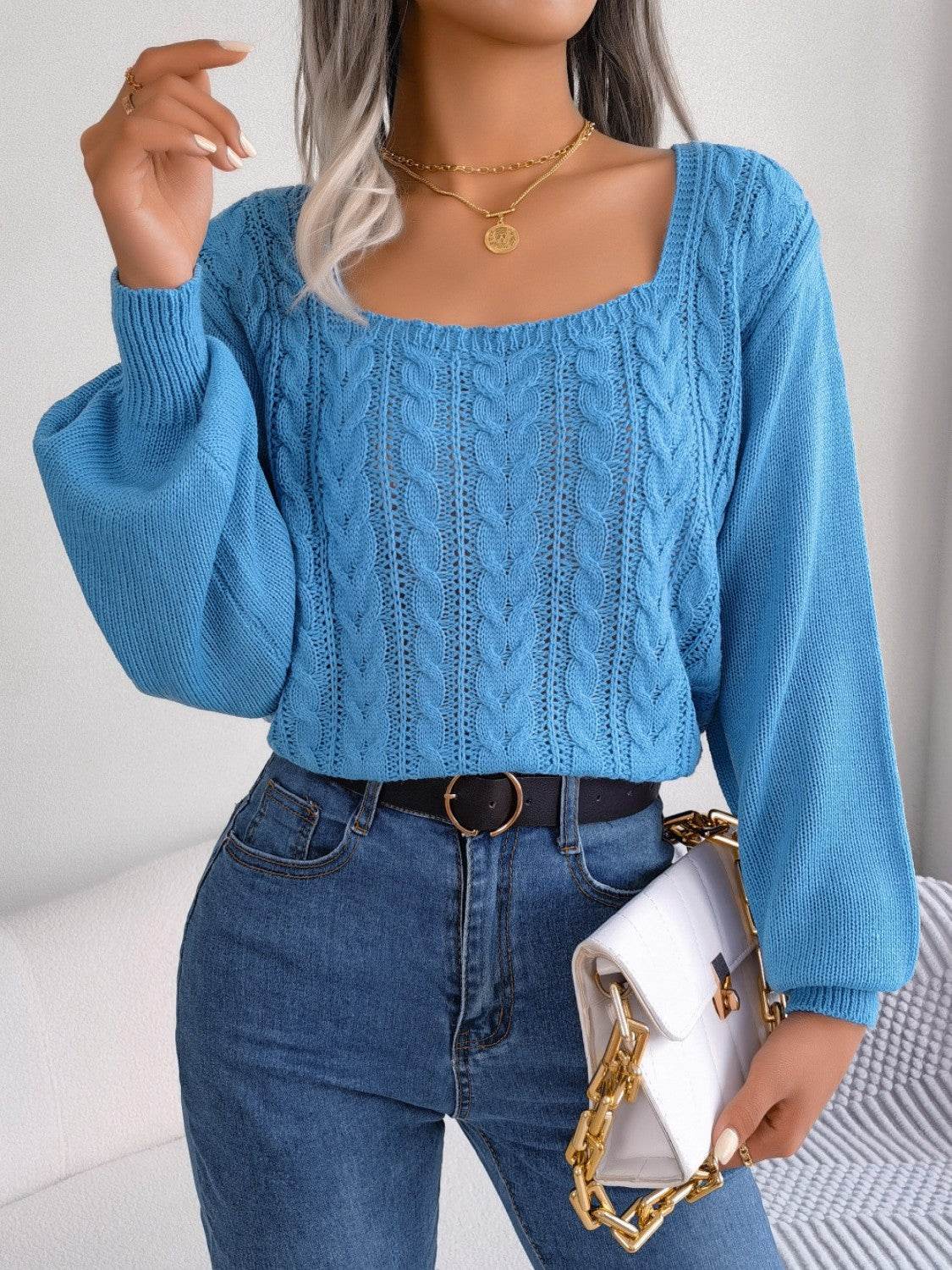 Cable-Knit Square Neck Long Sleeve Sweater - Hovatok