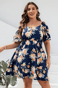 Plus Size Floral Print V-Neck Flutter Sleeve Mini Dress - Hovatok