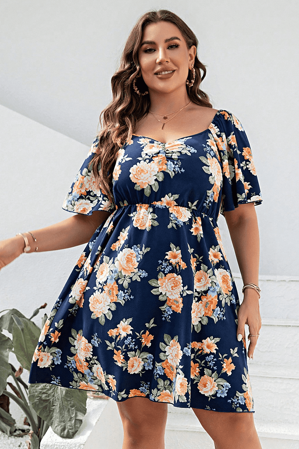 Plus Size Floral Print V-Neck Flutter Sleeve Mini Dress - Hovatok