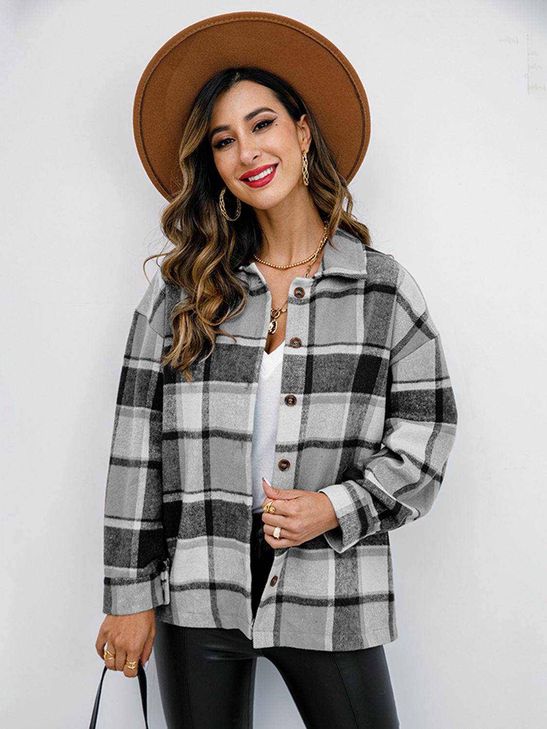 Shiny Plaid Button Up Collared Neck Jacket - Hovatok