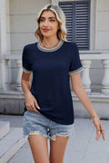 Contrast Trim Round Neck Short Sleeve T-Shirt - Hovatok