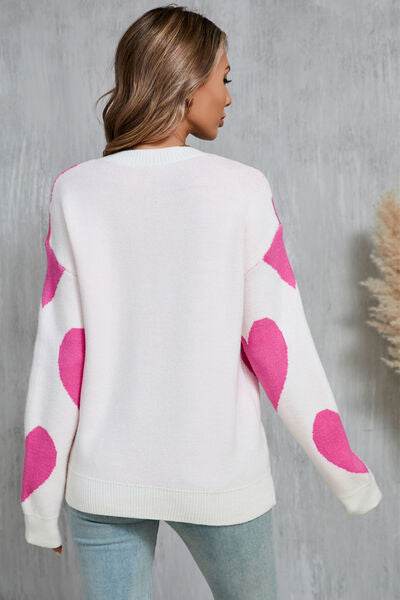 Angel Wings Contrast Heart Dropped Shoulder Long Sleeve Sweater - Hovatok