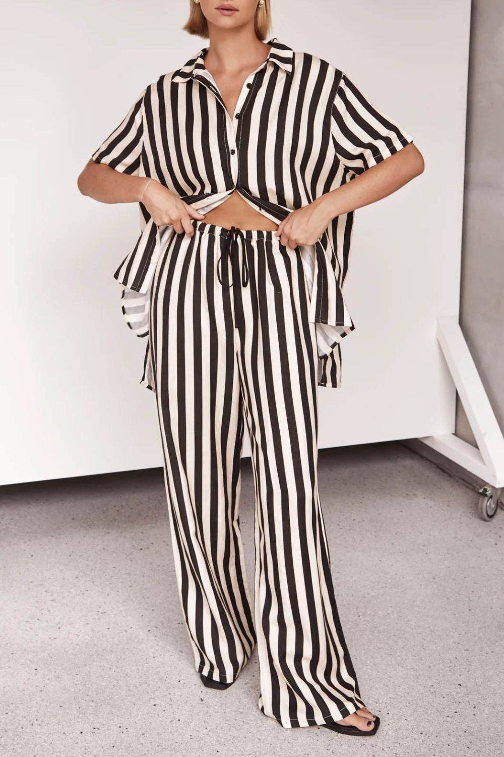 Striped Collared Neck Half Sleeve Top and Pants Set - Hovatok