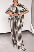 Striped Collared Neck Half Sleeve Top and Pants Set - Hovatok