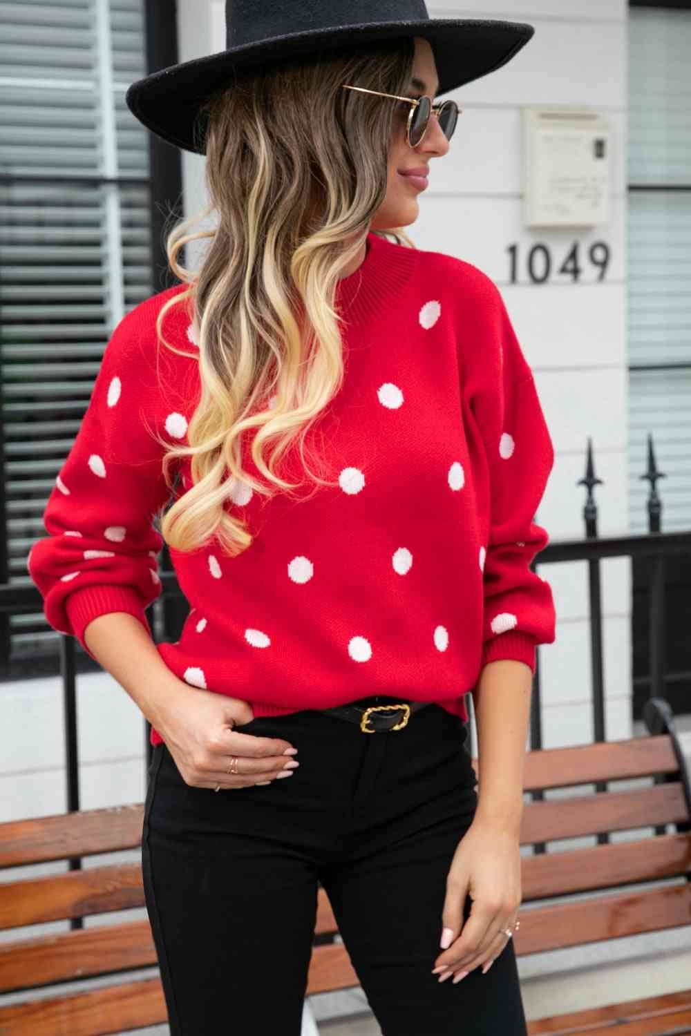 Angel Wings Woven Right Polka Dot Round Neck Dropped Shoulder Sweater - Hovatok