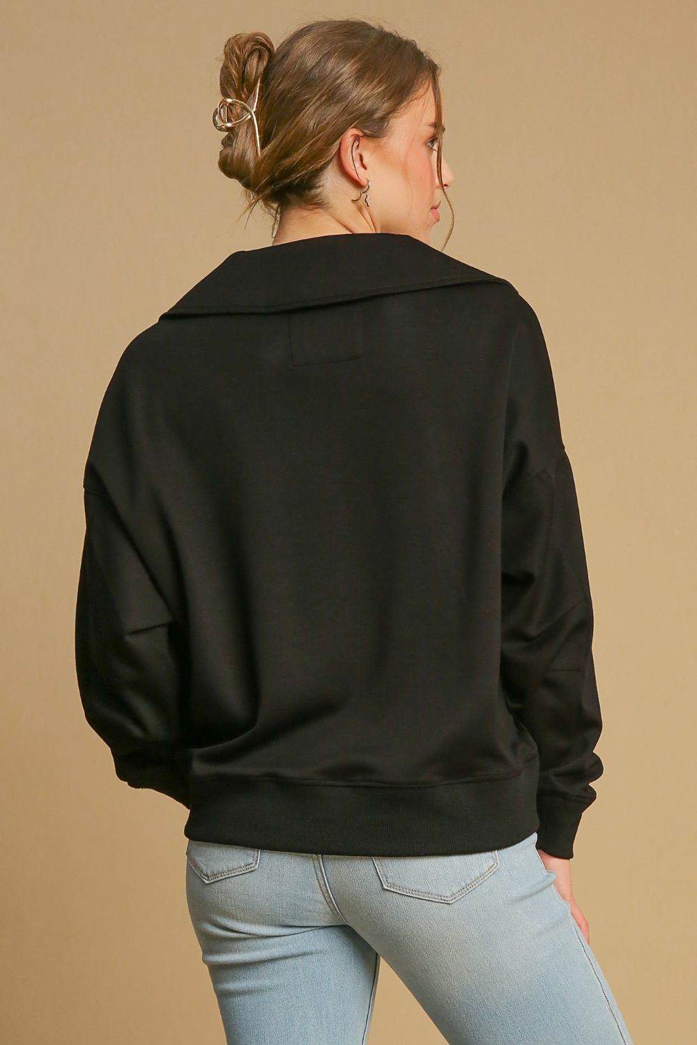 Umgee Johnny Collar Dropped Shoulder Sweatshirt - Hovatok