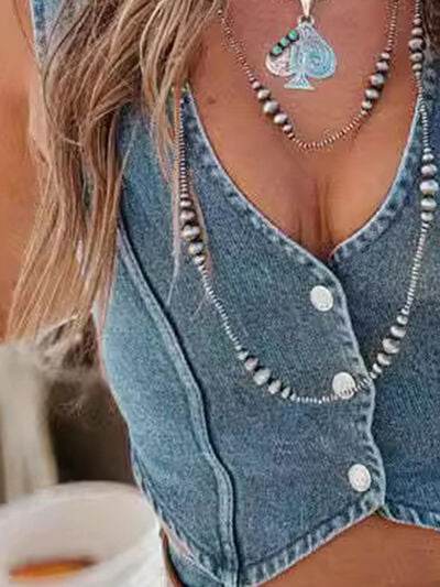 Buttoned V-Neck Denim Top - Hovatok