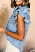 Button Down Raw Hem Ruffled Denim Shirt - Hovatok