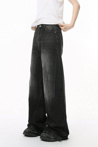 Washed Lightning Pattern Wide Leg Jeans - Hovatok