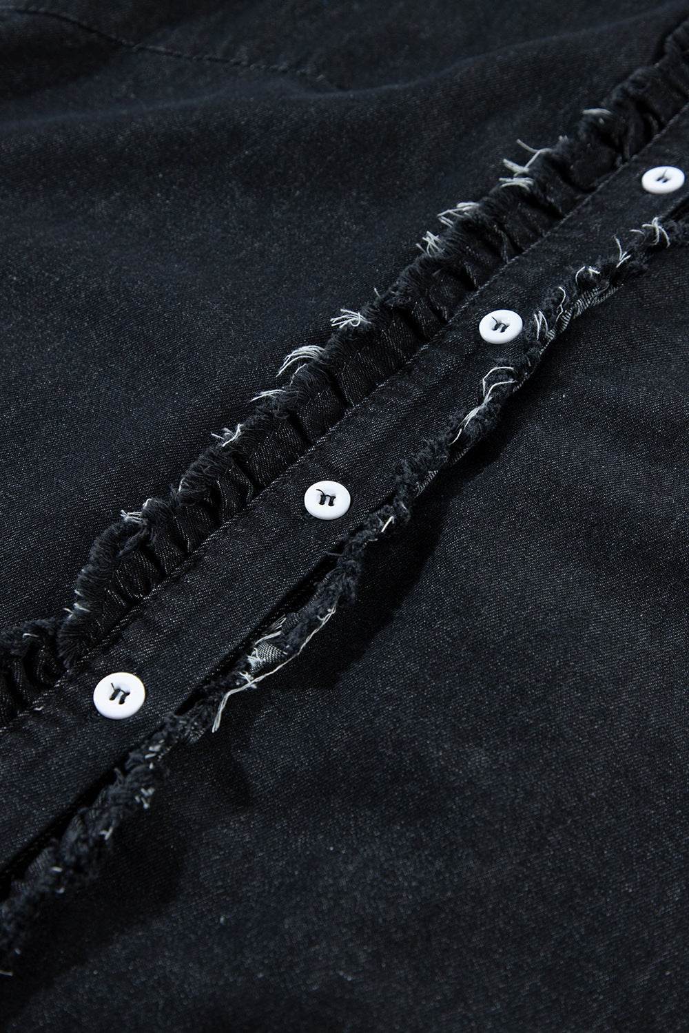 Button Down Raw Hem Ruffled Denim Shirt - Hovatok