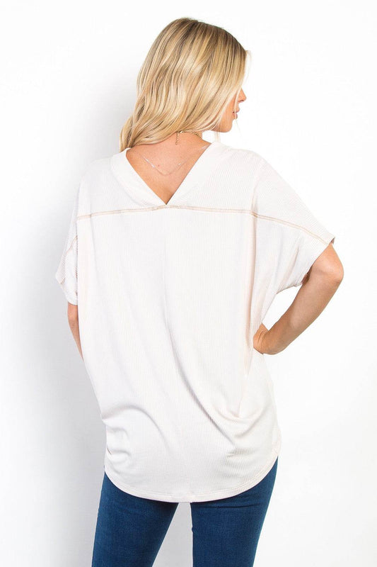 Be Stage Full Size V-Neck Short Sleeve Ribbed Top - Hovatok